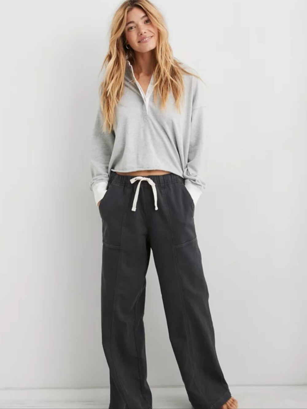 Aerie Me-Day Tie Waist Pant Smoked Gray Wide Leg Size XL Oversized Baggy